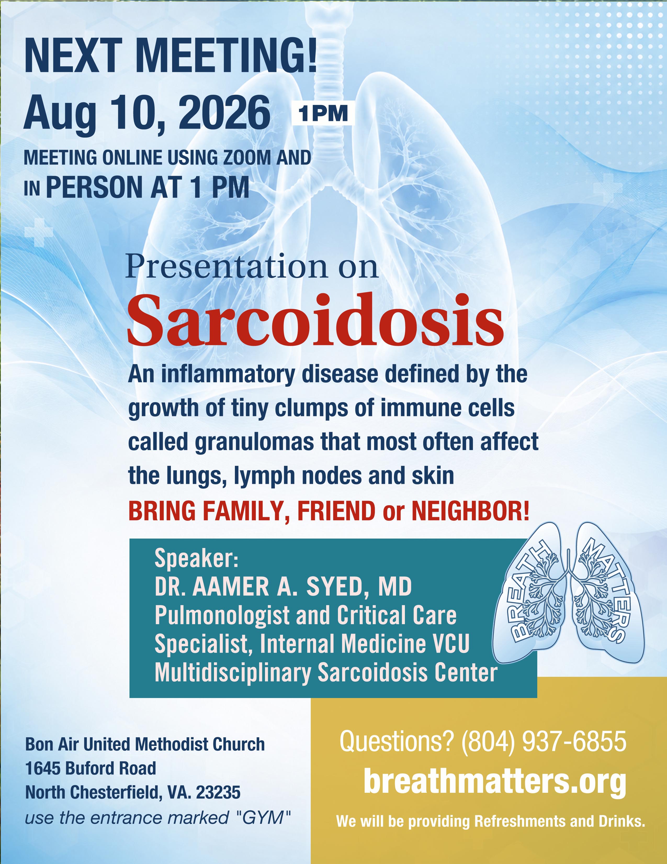 Breath Matters meeting flyer for August 10, 2026: presentation on sarcoidosis